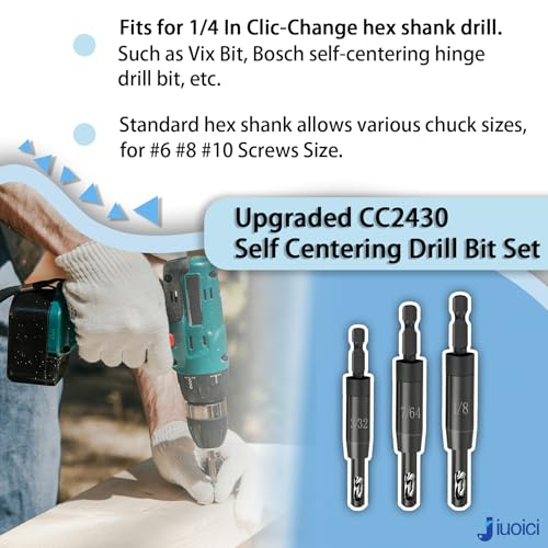 CC2430 Self Centering Drill Bit Set 3/32", 7/64", 1/8" for 1/4 in VIX Bit Bosch Clic-Change Hex Shank Drill, #6 8 10 Self-Centering Hinge Drill Bit, 3 Piece - Image 5